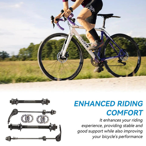 Dope Quick Release Bike Axle Skewer Set For Front And Rear Hubs, Hollow Shaft Wheel Hub Kit displayed with cyclist on road bike