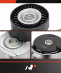 Belt Tensioner Assembly With Pulley For Volvo S60 S80 V60 XC60 XC70 XC90 And Land Rover LR2, detailed top and side view