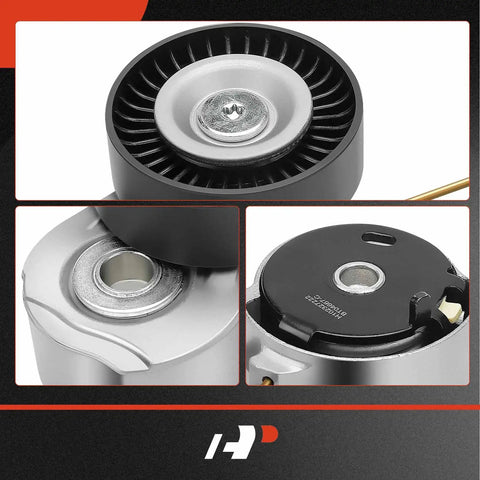 Belt Tensioner Assembly With Pulley For Volvo S60 S80 V60 XC60 XC70 XC90 And Land Rover LR2, detailed top and side view