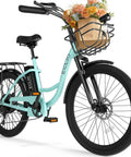 Dope City Cruiser Electric Bike With 24 Inch Wheel Peak 1000W Motor front view with flowers in front basket, blue color