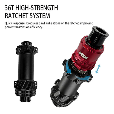 Close-up of red and black hub with 36T ratchet for 700C Disc Brake Carbon Wheelset For Road Bikes Tubeless Ready Clincher 50mm Deep V Shaped Rim