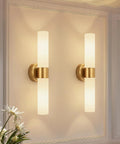 Pretty Darn Sleek Hardwired Wall Sconces Set Of Two With Thick Milky White Glass And Brushed Gold Finish, mounted on a wall.