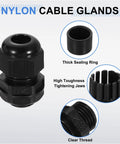 Set Of 5 Nylon Cable Glands 3 To 6.5mm Waterproof Cord Grips With Gaskets And Locknuts For Junction Box Black Diy Friendly Rugged Wire Grommets Weatherproof Seal Included For A Tight Fit And Long Lasting Protection, showing main gland with sealing ring and tightening jaws.