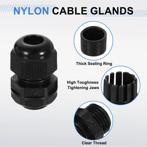 Set Of 5 Nylon Cable Glands 3 To 6.5mm Waterproof Cord Grips With Gaskets And Locknuts For Junction Box Black Diy Friendly Rugged Wire Grommets Weatherproof Seal Included For A Tight Fit And Long Lasting Protection, showing main gland with sealing ring and tightening jaws.