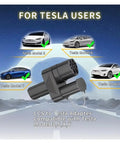 Top Shelf Premium Heavy Duty CCS2 To NACS Charger Adapter 250A Fast EV Convertor with Tesla Models S, X, 3, Y shown.