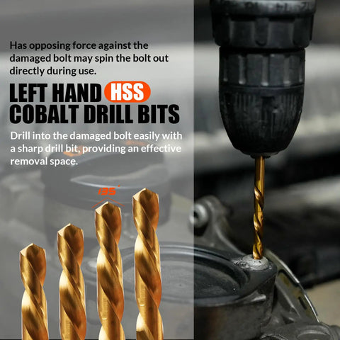 Close-up of 72 Piece Bolt Extractor Kit With Left Hand Drill Bits for Damaged Rusted Rounded Off Bolts Nuts and Screws.
