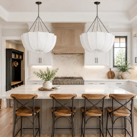 Finktonglan 19.7" White Pleated Fabric Chandelier, Farmhouse Pendant Light for Dining Room above kitchen island.