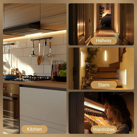 Wireless Under Cabinet Lighting Kit With Motion Sensor And Three Color Temperatures installed in kitchen, hallway, stairs, wardrobes.