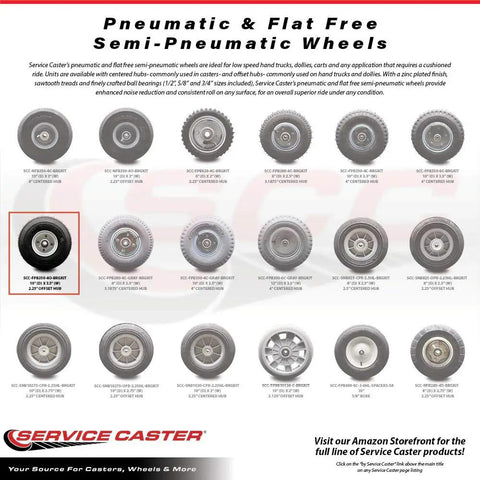 Image of various pneumatic wheels including a 10 x 3.5 inch pneumatic replacement caster wheel for Magliner hand truck.