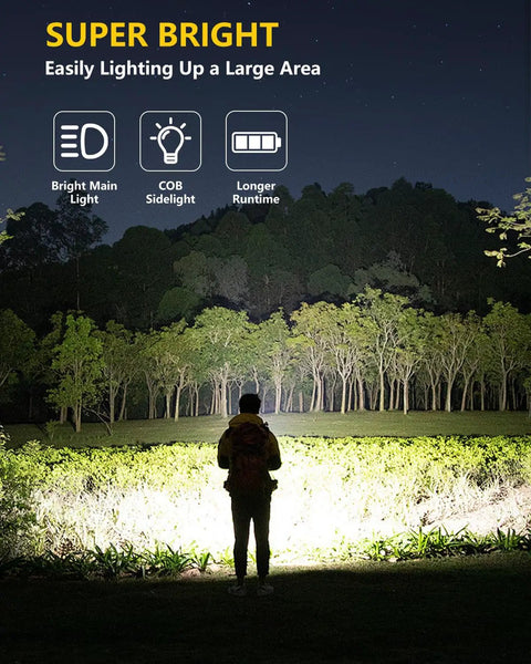 Person using Compact EDC Flashlight With USB C Rechargeable Battery Flat Pocket Design Clip On For Easy Carry Super Bright LED 8 Lighting Modes For Camping Emergency Prep And Everyday Use in forest at night