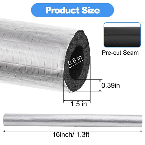 Product size diagram of 12 Pack Foam Pipe Insulation Wrap With Self Adhesive Aluminum Foil Shield showing dimensions and pre-cut seam.