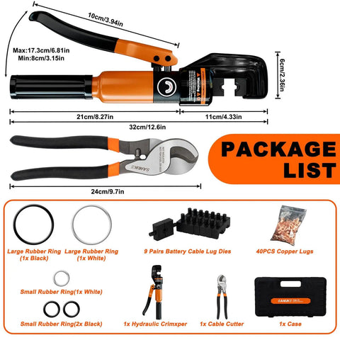 Heavy Duty Hydraulic Crimping Tool Kit With Cable Cutter And Nine Die Sets For Twelve AWG To Two Zero AWG Wires Includes Forty Copper Wire Lugs