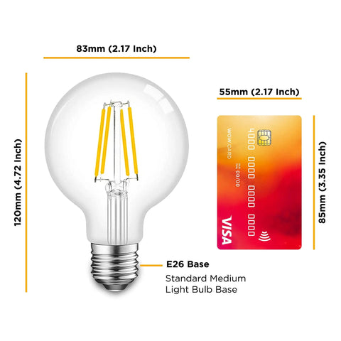 Retro Edison Style LED Bulbs 6W G25 Globe shown with measurements and E26 base, compared to credit card size.