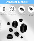 125Pcs Black Silicone Rubber Plugs Set For Round Holes Various Sizes Ideal For Car Wiring And Furniture Replacement, shown in various sizes.