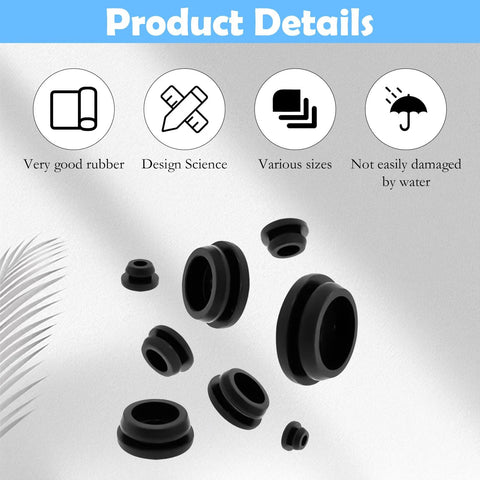 125Pcs Black Silicone Rubber Plugs Set For Round Holes Various Sizes Ideal For Car Wiring And Furniture Replacement, shown in various sizes.