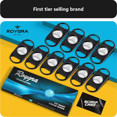 Roygra cigar cutter set: ten black guillotine cutters with silver blades, plastic travel tools.