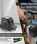 All In One Laser Rangefinder Tape Measure With LCD Distance Readout Up To 131 Feet And 40 Meters 0.1 Inch Precision 16 Foot Steel Tape Includes Heavy Duty Belt Clip For Fast Onsite Measurements, belt clip and AAA batteries shown