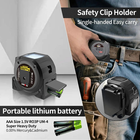 All In One Laser Rangefinder Tape Measure With LCD Distance Readout Up To 131 Feet And 40 Meters 0.1 Inch Precision 16 Foot Steel Tape Includes Heavy Duty Belt Clip For Fast Onsite Measurements, belt clip and AAA batteries shown