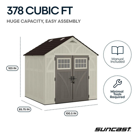 8x7 Ft Outdoor Storage Shed With Floor, Lockable Double Doors, Skylights, 378 Cu Ft Resin Weatherproof Garden Shed for storage