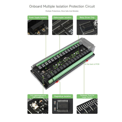 32 Channel Modbus RTU Relay Module With RS485 Interface showing isolation protection circuits and onboard regulator.