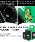 4.5 CFM Vacuum Pump Kit With Brass Manifold Gauge Quick Couplers Can Taps And Valve Core Tool For R134A R12 R22 R502 Refrigerants And DIY Friendly AC Maintenance Garage Ready, 4.5 CFM single-stage vacuum pump with brass 1/4 SAE and 1/2 ACME inlets