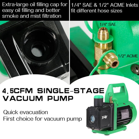 4.5 CFM Vacuum Pump Kit With Brass Manifold Gauge Quick Couplers Can Taps And Valve Core Tool For R134A R12 R22 R502 Refrigerants And DIY Friendly AC Maintenance Garage Ready, 4.5 CFM single-stage vacuum pump with brass 1/4 SAE and 1/2 ACME inlets