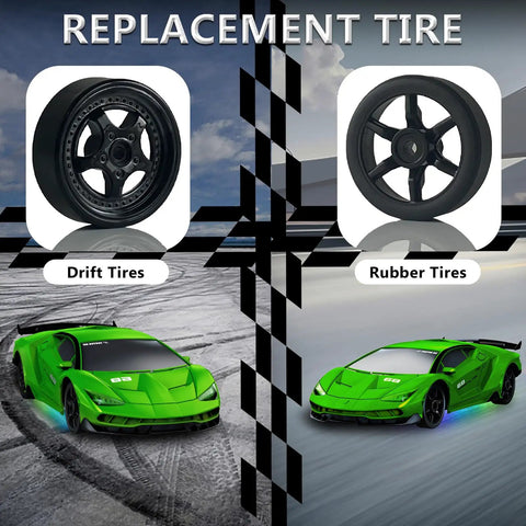 Remote Control Drift Car One Twenty Four Scale With 2.4GHz Four Wheel Drive High Speed RC Toy Up To 15 KMH LED Lights showing drift and rubber tire options