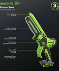 Ultra Compact 24V Cordless Mini Chainsaw Featuring 6 Inch Cut Bar knocks out heavy pruning with ergonomic one-hand operation.