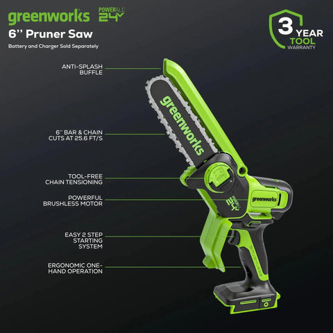 Ultra Compact 24V Cordless Mini Chainsaw Featuring 6 Inch Cut Bar knocks out heavy pruning with ergonomic one-hand operation.