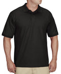 Mens Short Sleeve Uniform Polo Shirt In Black Built For The Daily Grind With Hella Fast Moisture Wicking To Keep You Chill And Fade Proof Pique Polyester That Holds Its Shape Plus A Smart Casual Cut Done Right For Any Working Crew Out Here, displayed on a model.