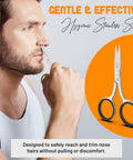 Man trimming nose hair with Pro Grade Precision Facial Hair Scissor For Eyebrows, Mustache And Beard, Premium Stainless Steel