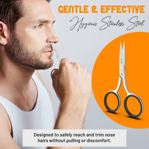 Man trimming nose hair with Pro Grade Precision Facial Hair Scissor For Eyebrows, Mustache And Beard, Premium Stainless Steel