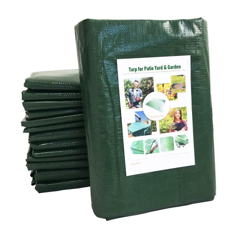 Stacked 7x7 Foot Waterproof Leaf Tarp With Four Handles For Yard Cleanup And Outdoor Projects, shown in packaging.