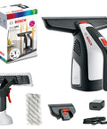 Bosch GlassVAC battery window vacuum cleaner; black/white handheld with red Bosch logo, included charger and cleaning pads