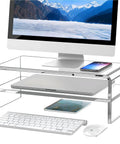 Clear Acrylic Monitor Stand Riser 2 Tier Up To 5.12 Inches High For Laptop And PC Desk Organizer Space Saving Multimedia Shelf