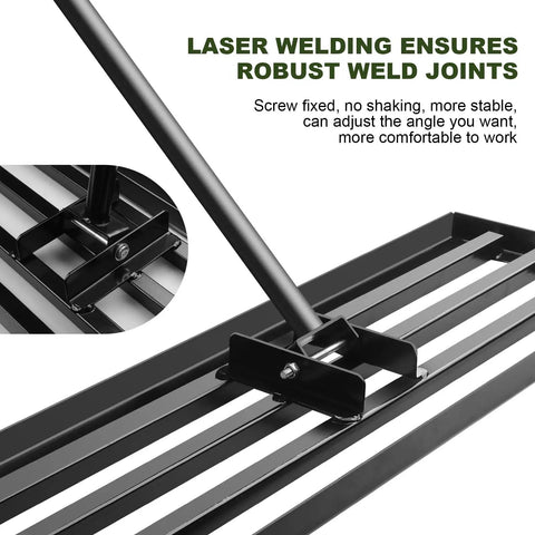 Heavy Duty Lawn Leveling Rake With 7 Feet Adjustable Handle Anti Flip Yard Leveler for Soil and Golf Courses, close-up on weld joints