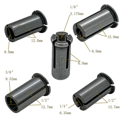 Five-piece Pro Grade Stainless Steel Router Collet Chuck Set, various sizes, for rotary tools, shown in detail.