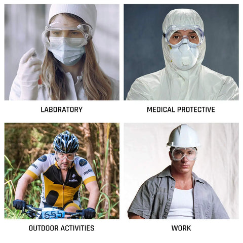 Collage showing usage of Safety Goggles That Fit Over Your Specs With Anti Fog And Anti Scratch Lenses in lab, medical, outdoor, work settings.