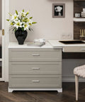 Modern room with cabinet featuring brushed nickel four and half inch cabinet handles square kitchen pulls for cabinets and drawers.
