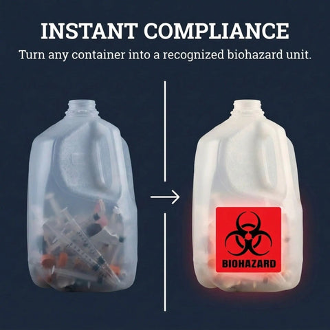 Straight Up Reliable 2X2 Biohazard Stickers 250 Pack No Sweat Coated Paper Warning Labels sealing a container with a biohazard symbol.