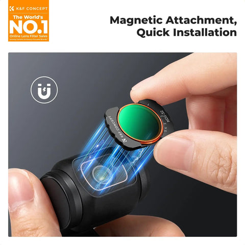 Attaching Premium Magnetic Wide Angle Lens And ND CPL Filter Kit to Osmo Pocket 4/3, showcasing magnetic feature.