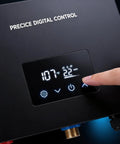 Close-up of Precise Digital Control panel on 14KW Electric Tankless Water Heater showing temperature settings.