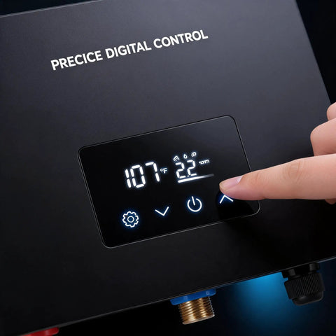 Close-up of Precise Digital Control panel on 14KW Electric Tankless Water Heater showing temperature settings.