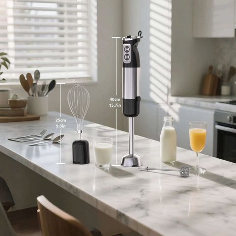 Heavy Duty Kitchen Workhorse 1000W Handheld Immersion Blender Featuring Slick Stainless Steel Shaft, whisk and frother on kitchen table.