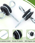 Two Pack Electric Fence Gate Kit With Spring Handles And Screw In Ring Insulators showing black insulators and metal screws.