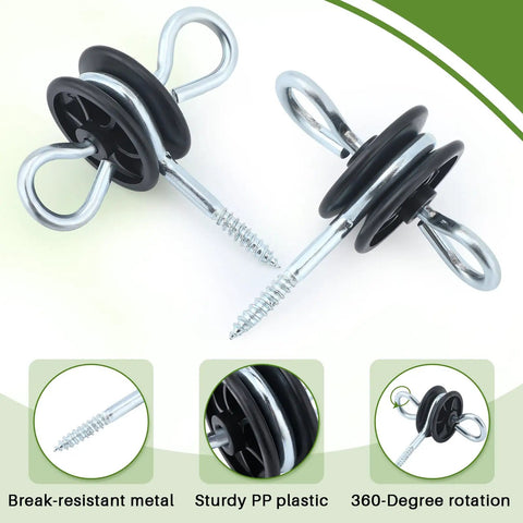 Two Pack Electric Fence Gate Kit With Spring Handles And Screw In Ring Insulators showing black insulators and metal screws.