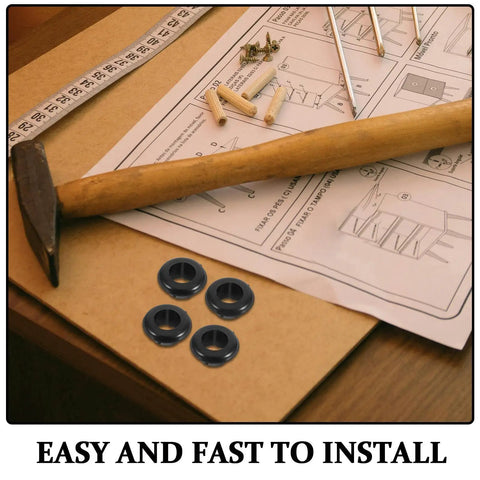 200 Pcs Rubber Cable Grommet Kit With Quick Install No Fuss Easy Setup All Weather Ready Round Hollow Wire Protectors For Distribution Boxes And Garden Fences Black Rubber Wiring Seals That Keep Moisture Out, with 4 black rubber grommets on an install guide