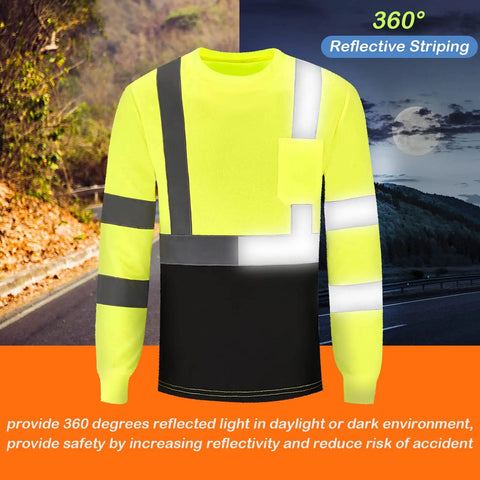 Fluorescent yellow shirt with reflective strips for night visibility. Six Pack High Visibility Long Sleeve Safety T Shirts For Men XL.