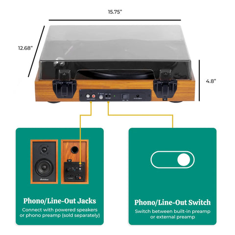 Electrohome Montrose Vinyl Record Player With Belt Drive Turntable And Audio-Technica Stylus, dimensions 15.75x12.68x4.8 inches, built-in preamp.