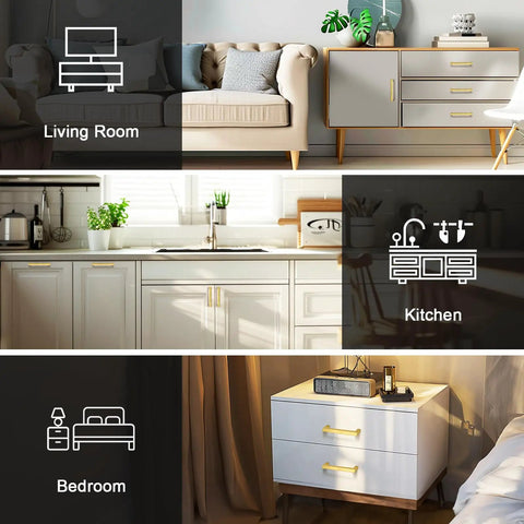Image showcasing Thirty Pack Square Gold Cabinet Pulls With A Killer Brushed Brass Finish Modern Drawer Handles in kitchen and living room settings.